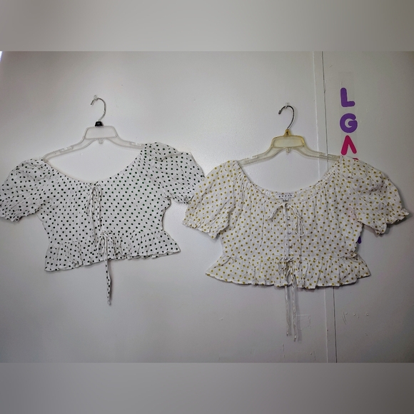 NWOT HYFVE bundle 2 Crop Top polka dots tie, puff sleeves, cotton sz L. - Picture 12 of 16